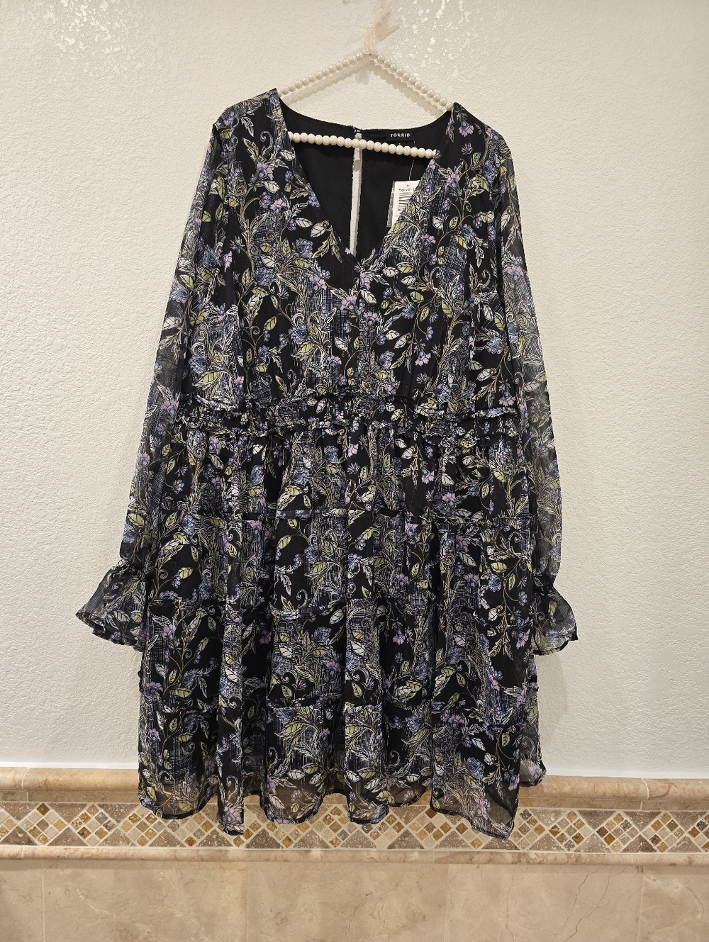Mini Lurex Chiffon Tiered Dress Floral Black 2X NWT - Picture 3 of 5